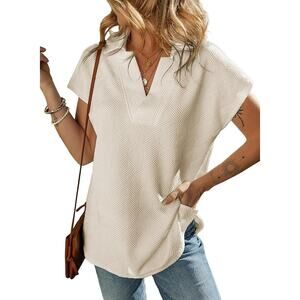 Large SHEWIN Women's Polo Collared V Neck Short Sleeve Tunic Pink or White